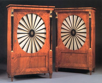 Work: 19th Century AUSTRIAN Pair of Biedermeier Gilt-Metal-Mounted Black Walnut, Ebonized and Parcel Gilt Cabinets